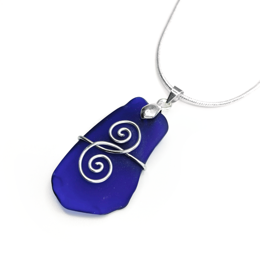 Sea Glass Pendant - Dark Blue 'Friendship' Interlocking Spirals Necklace - Silver Scottish Beach Jewellery