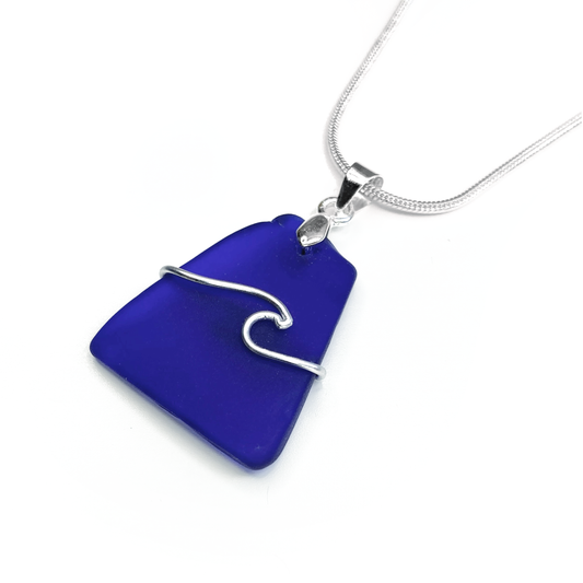 Sea Glass Pendant - Dark Blue Wave Wire Wrapped Necklace - Scottish Silver Jewellery