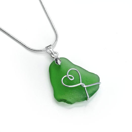 Sea Glass Pendant - Emerald Green Heart Wire Wrapped Necklace - Scottish Silver Jewellery