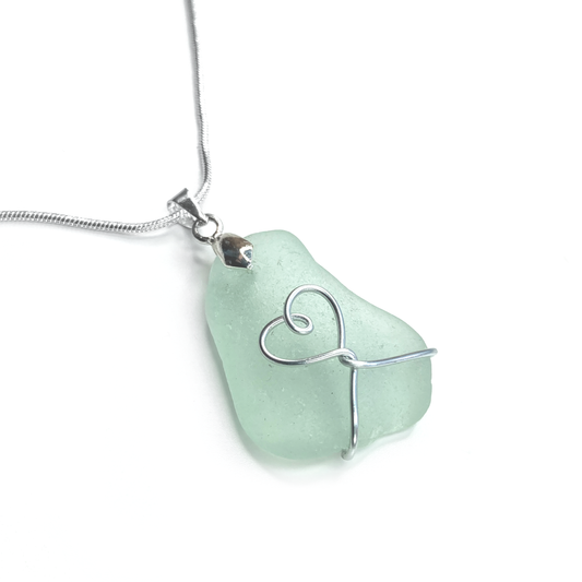 Sea Glass Pendant - Aqua Green Heart Wire Wrapped Necklace - Scottish Silver Jewellery