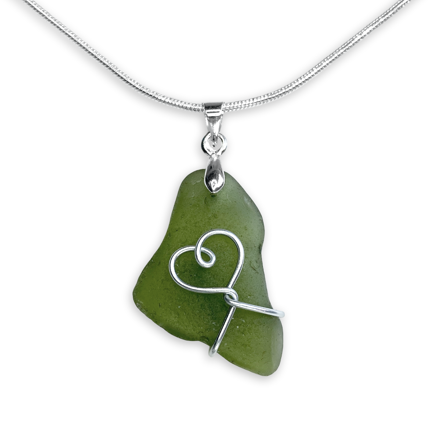 Sea Glass Pendant - Olive Green Heart Wire Wrapped Necklace - Scottish Silver Jewellery