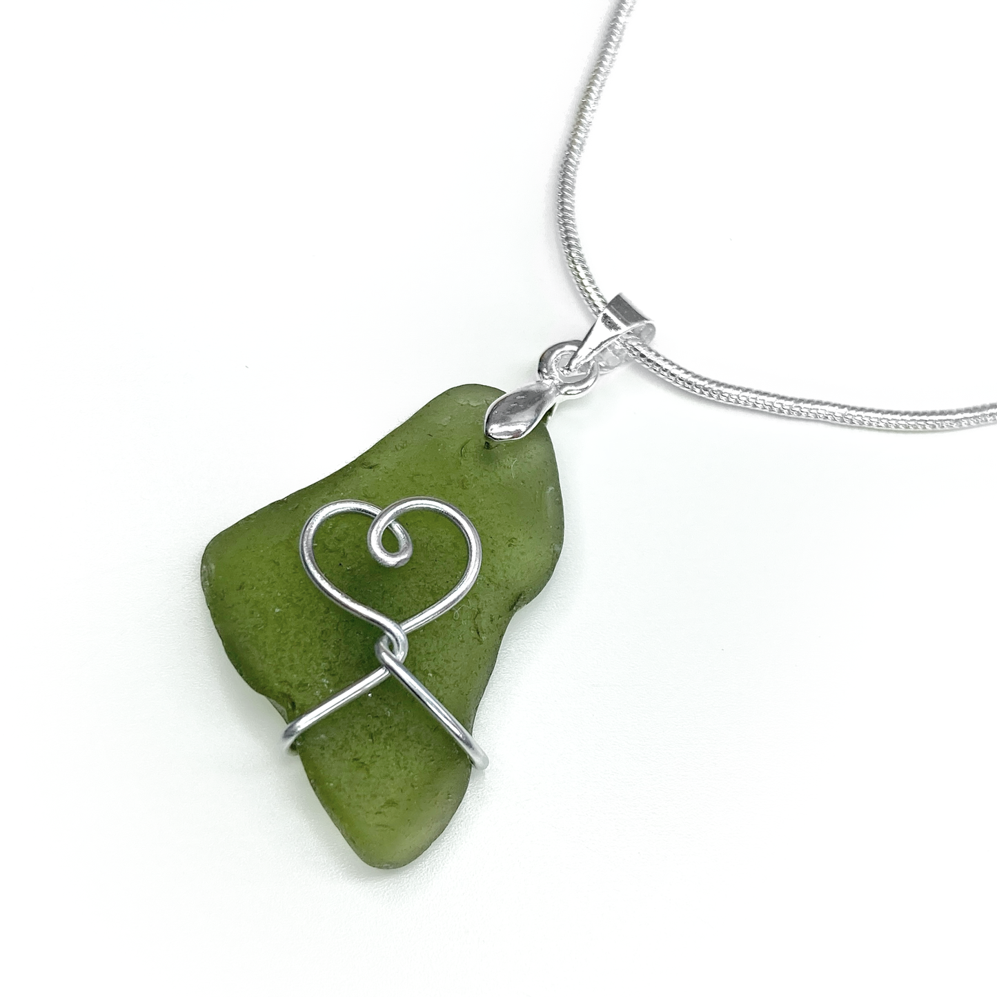 Sea Glass Pendant - Olive Green Heart Wire Wrapped Necklace - Scottish Silver Jewellery