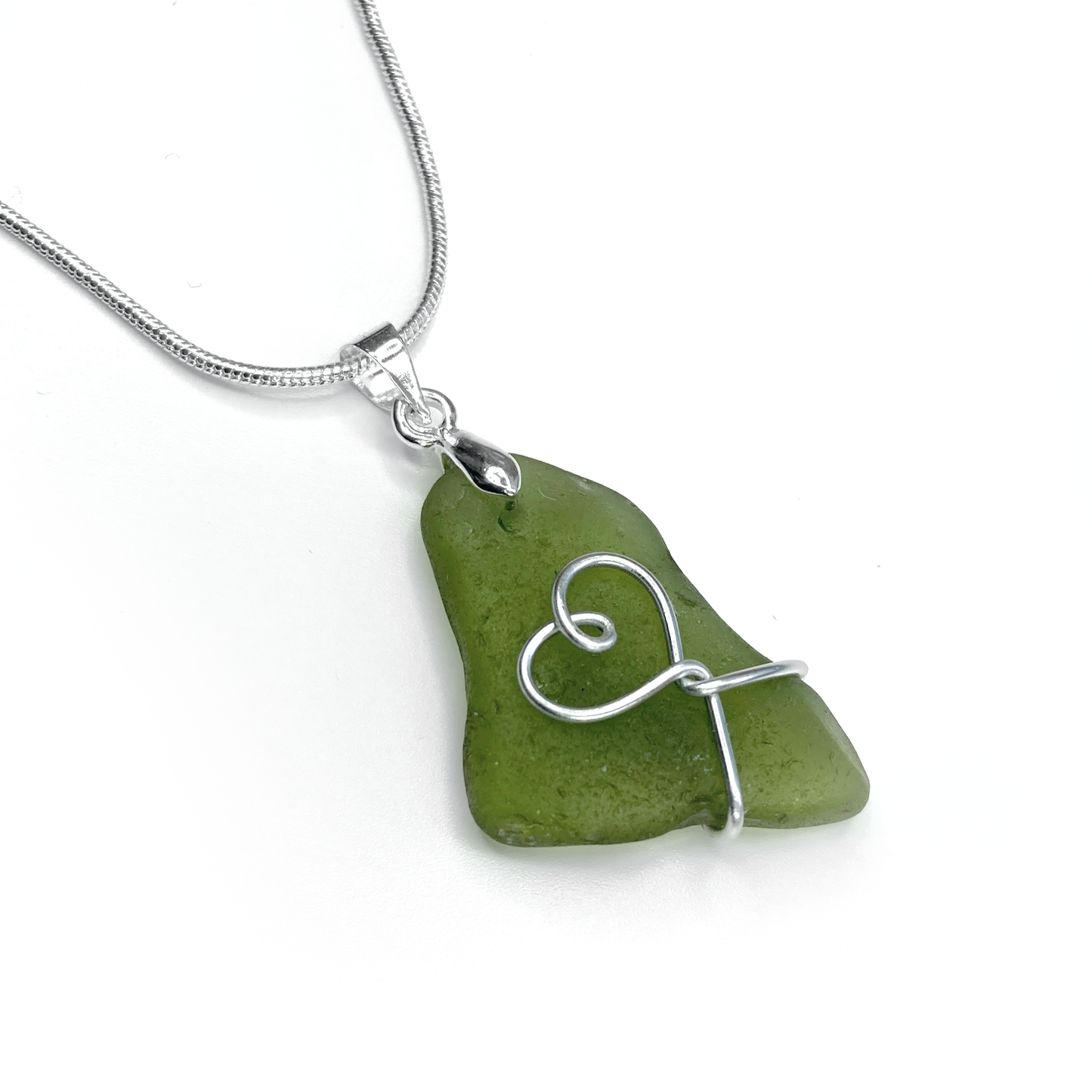 Sea Glass Pendant - Olive Green Heart Wire Wrapped Necklace - Scottish Silver Jewellery