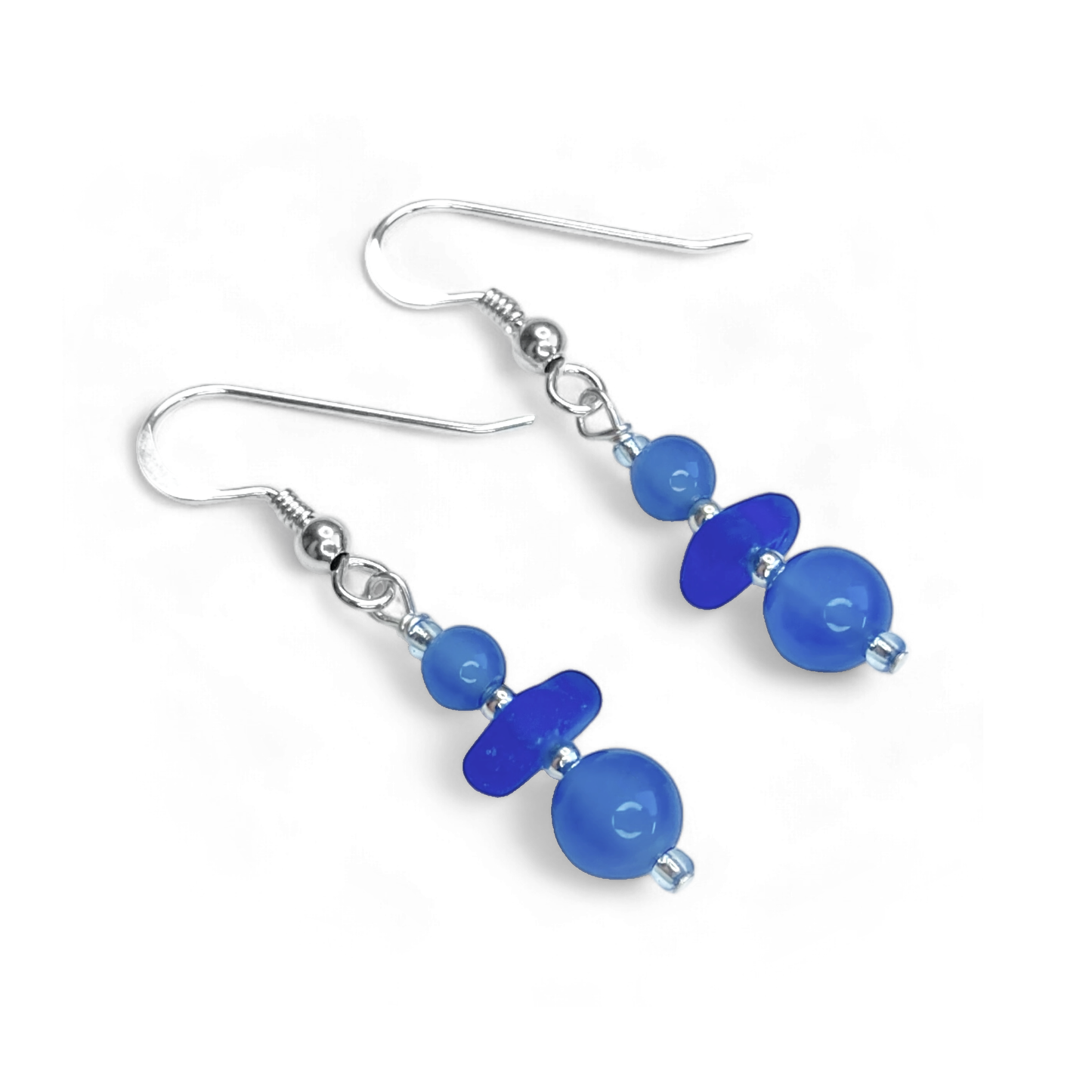 Blue Sea Glass Earrings - Sterling Silver Beaded Earrings with Blue Onyx Crystal