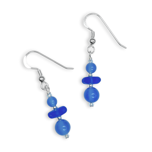 Blue Sea Glass Earrings - Sterling Silver Beaded Earrings with Blue Onyx Crystal