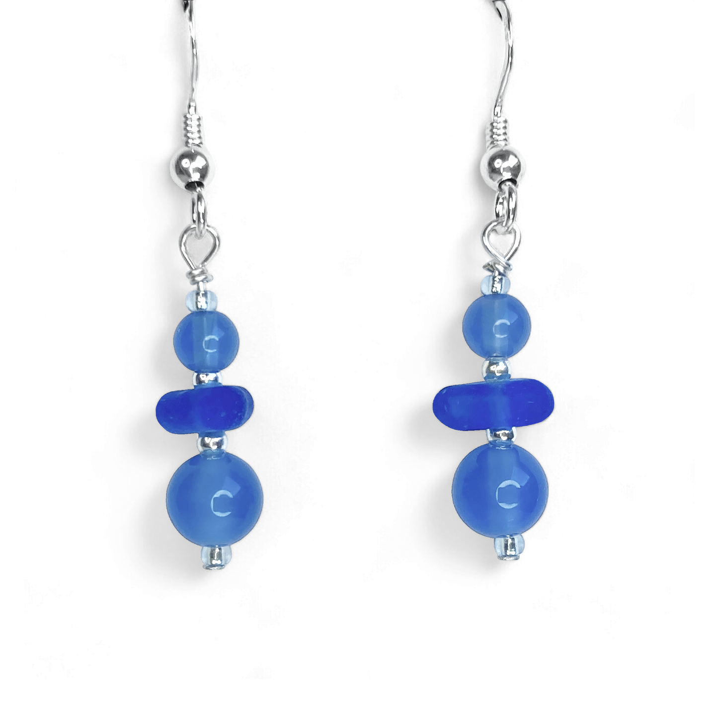 Blue Sea Glass Earrings - Sterling Silver Beaded Earrings with Blue Onyx Crystal