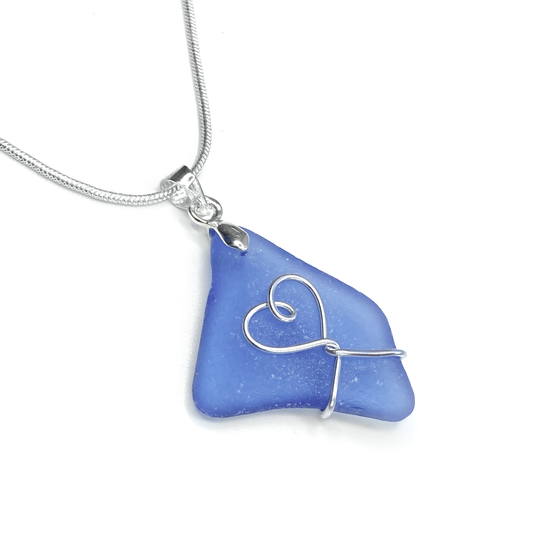 Sea Glass Pendant - Pale Blue Heart Wire Wrapped Necklace - Scottish Silver Jewellery