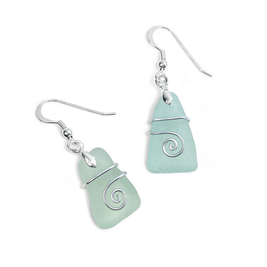 Sea Glass Earrings - Aqua Green Celtic Silver Wire Wrapped Jewellery