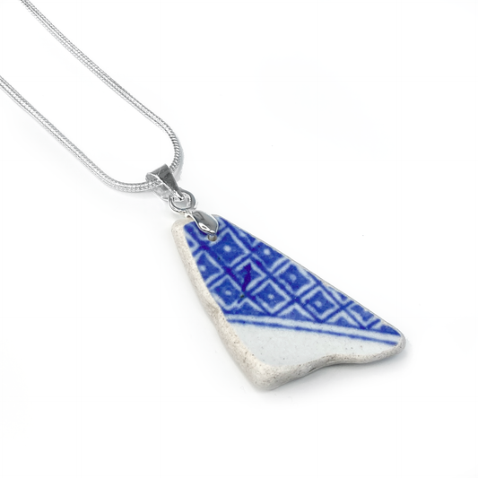 Sea Pottery Pendant - Antique Beach China - Blue Willow Pattern Necklace