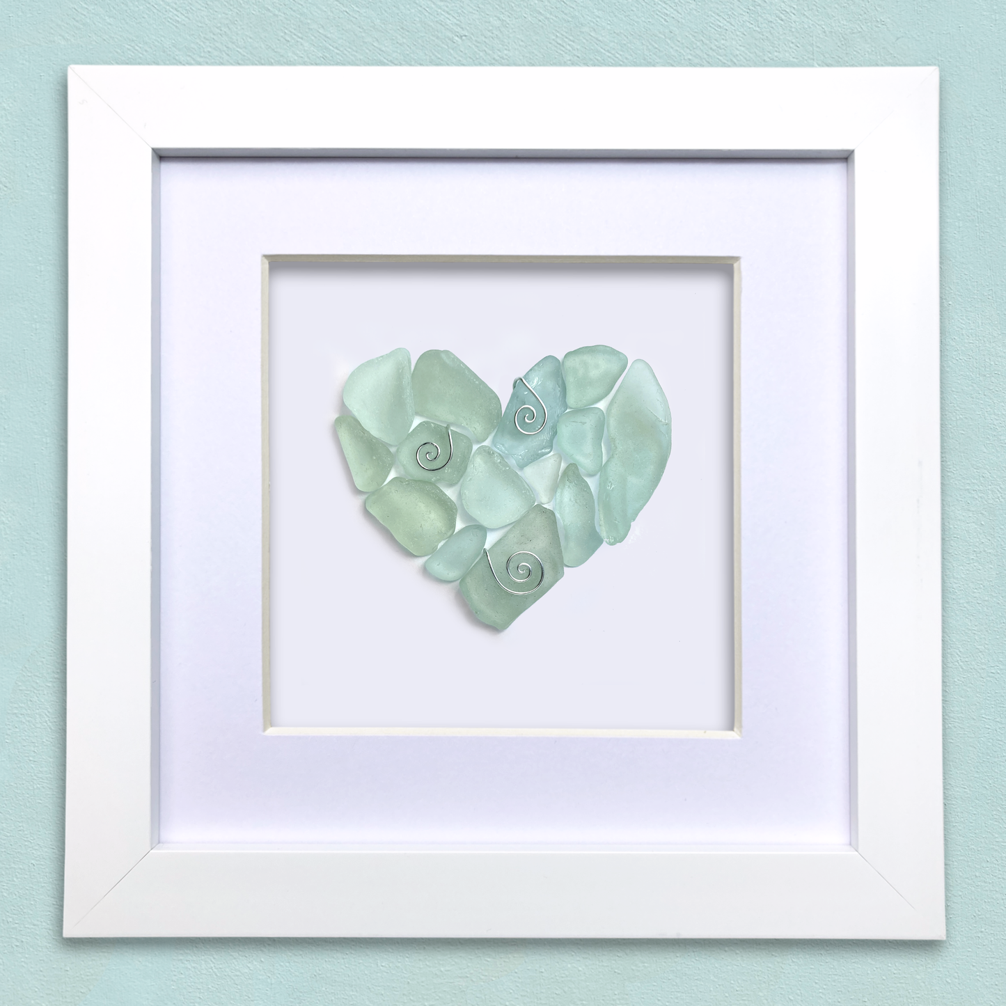 Framed Sea Glass Heart - Green Scottish Beach Glass Coastal Wall Art