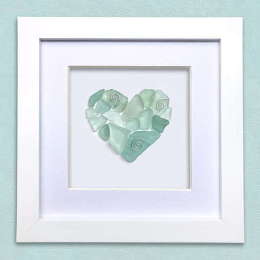 Framed Sea Glass Heart - Green Scottish Beach Glass Coastal Wall Art