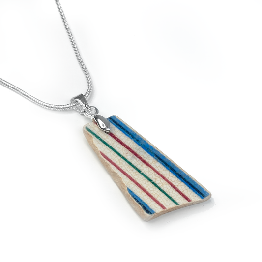 Sea Pottery Pendant - Antique Beach China - Red and Blue Stripy Necklace