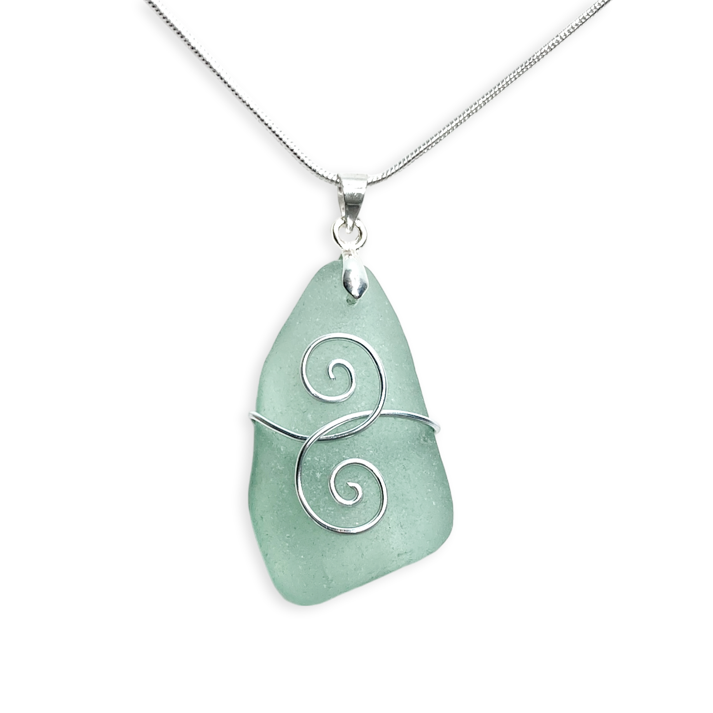 Sea Glass Pendant - Aqua Green 'Friendship' Interlocking Spirals Necklace - Silver Scottish Beach Jewellery