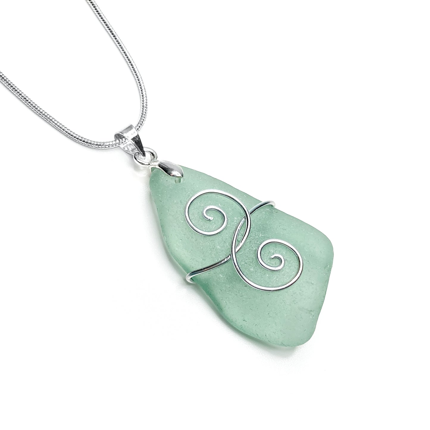 Sea Glass Pendant - Aqua Green 'Friendship' Interlocking Spirals Necklace - Silver Scottish Beach Jewellery