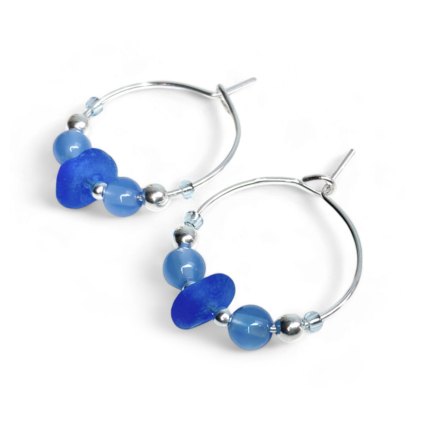 Small Sea Glass Hoop Earrings - Sterling Silver with Blue Onyx Crystal Beads