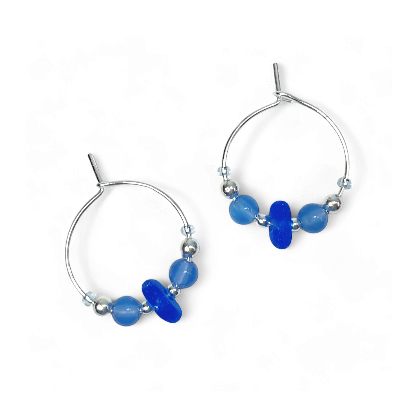 Small Sea Glass Hoop Earrings - Sterling Silver with Blue Onyx Crystal Beads