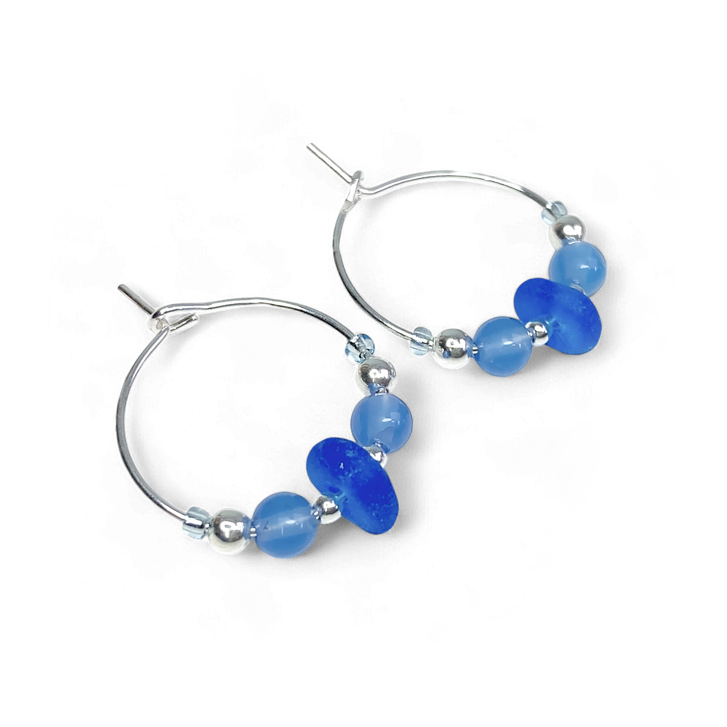 Small Sea Glass Hoop Earrings - Sterling Silver with Blue Onyx Crystal Beads