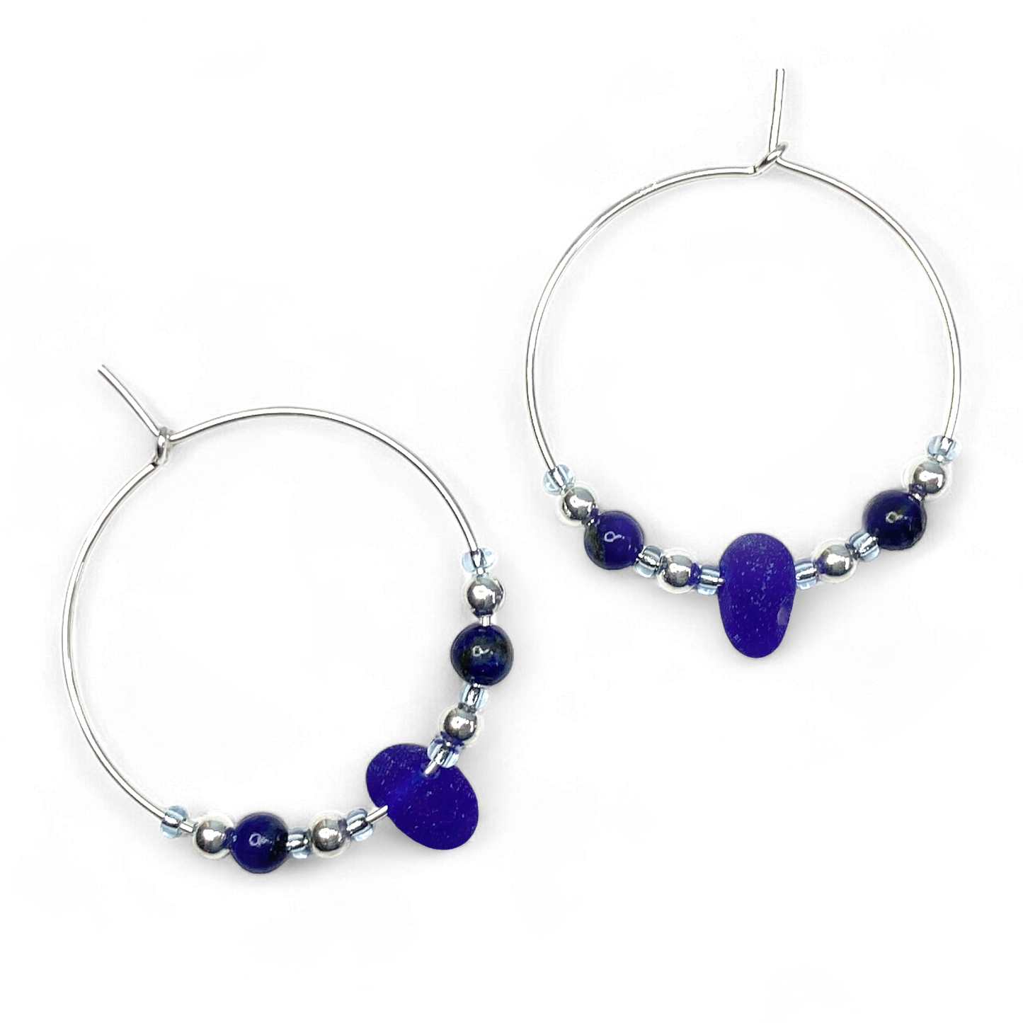 Large Sea Glass Hoop Earrings - Sterling Silver with Blue Lapis Lazuli Crystal Beads