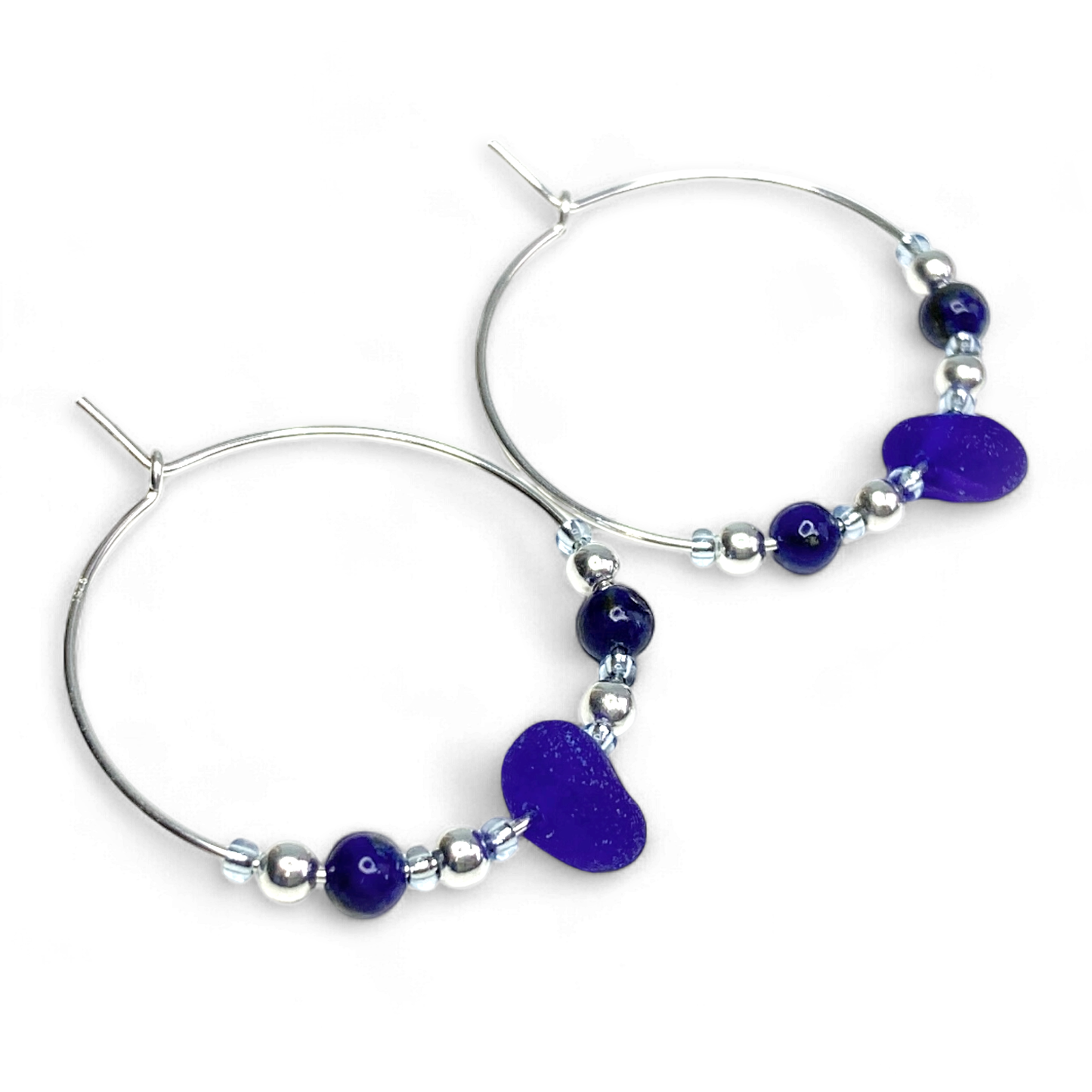 Large Sea Glass Hoop Earrings - Sterling Silver with Blue Lapis Lazuli Crystal Beads