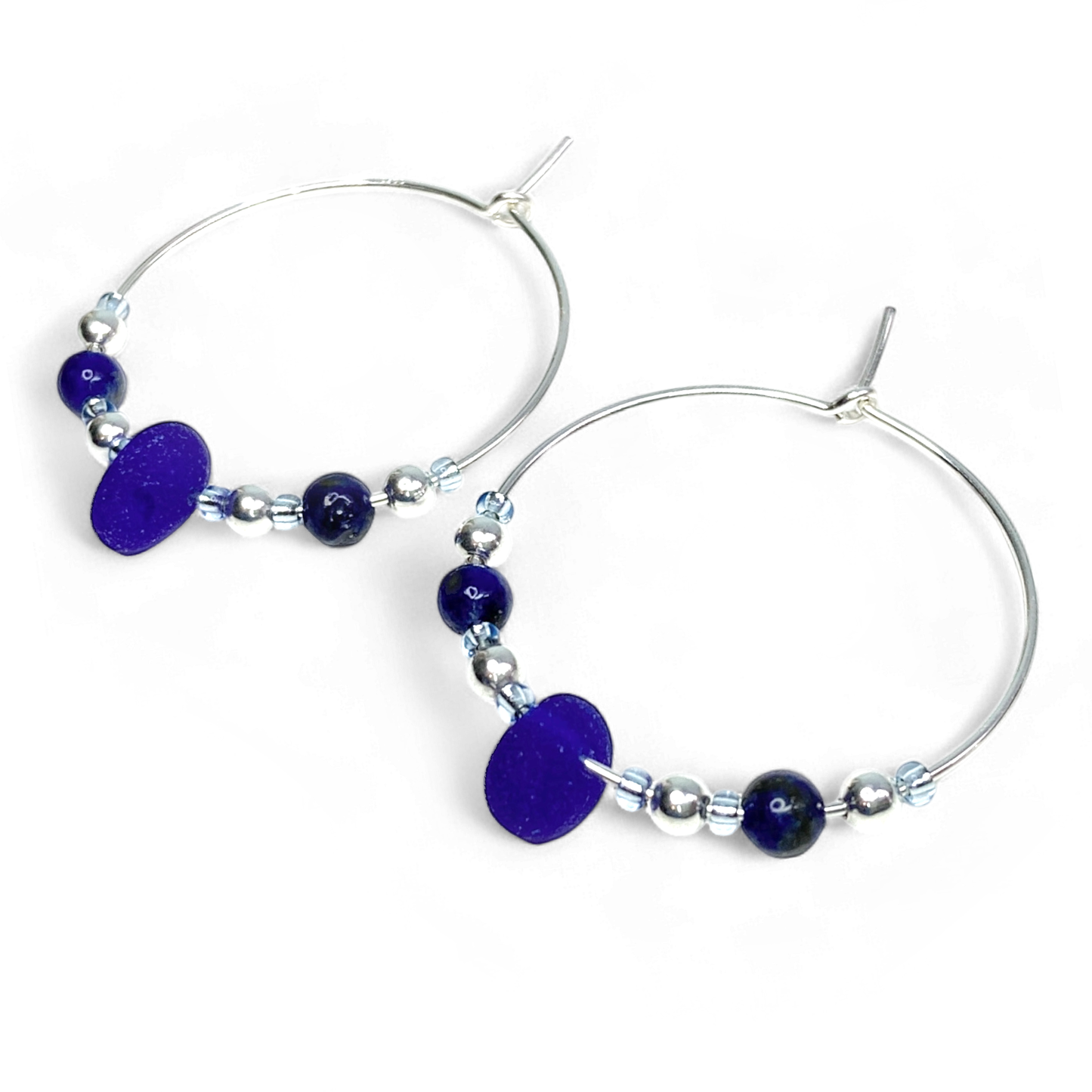 Large Sea Glass Hoop Earrings - Sterling Silver with Blue Lapis Lazuli Crystal Beads