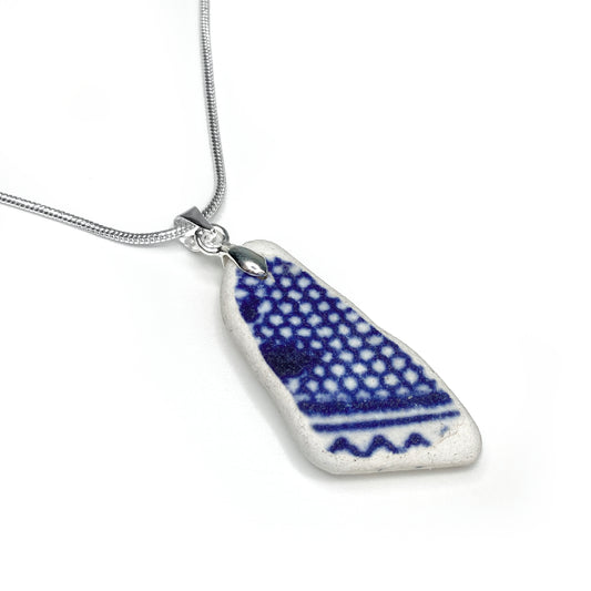 Sea Pottery Pendant - Antique Beach China - Blue Willow Pattern Necklace