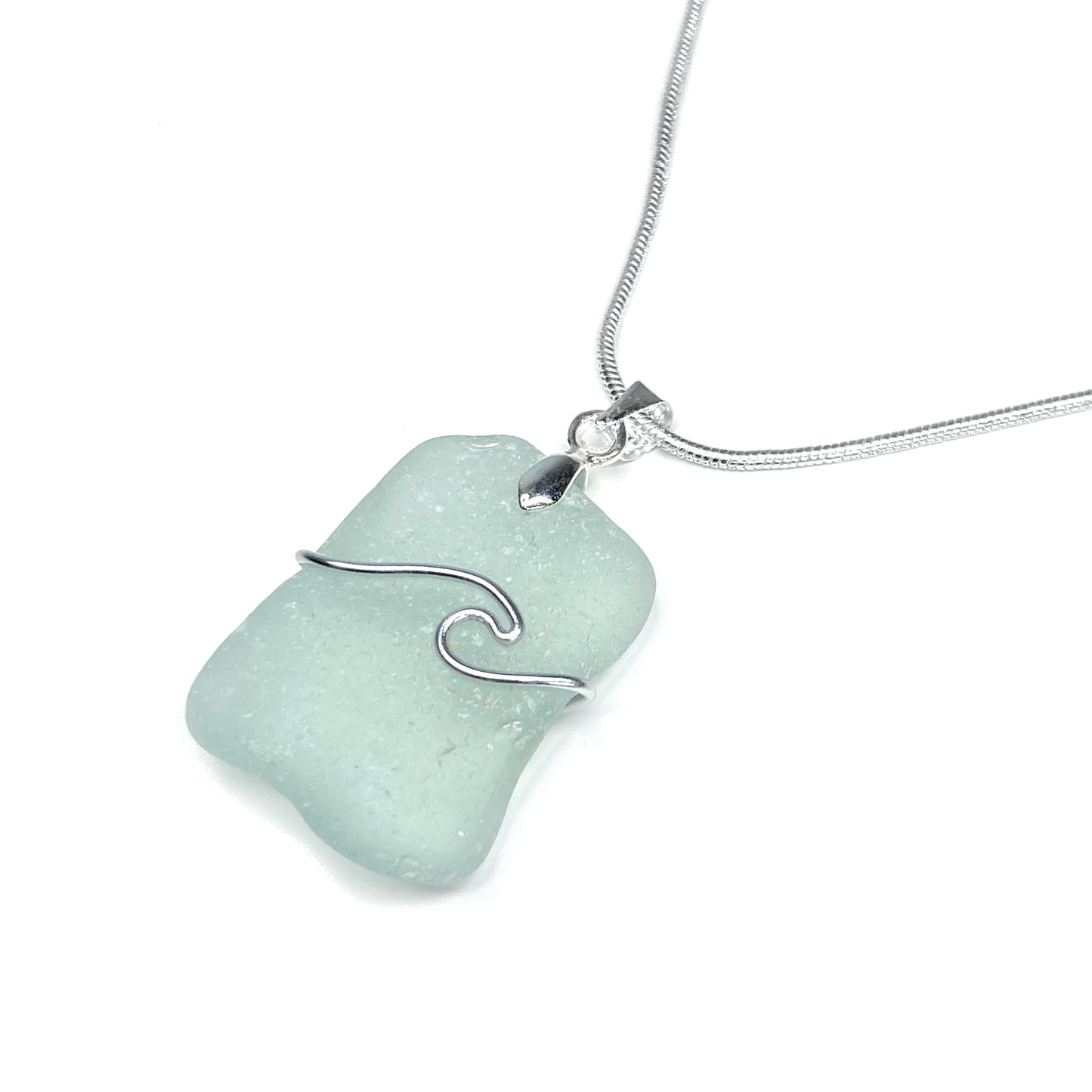 Sea Glass Pendant - Aqua Green Wave Wire Wrapped Necklace - Scottish Silver Jewellery