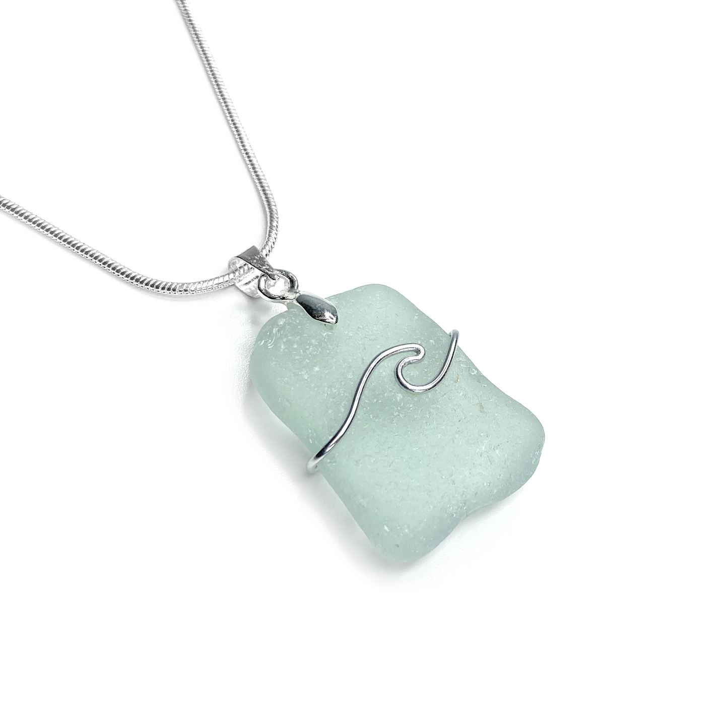 Sea Glass Pendant - Aqua Green Wave Wire Wrapped Necklace - Scottish Silver Jewellery