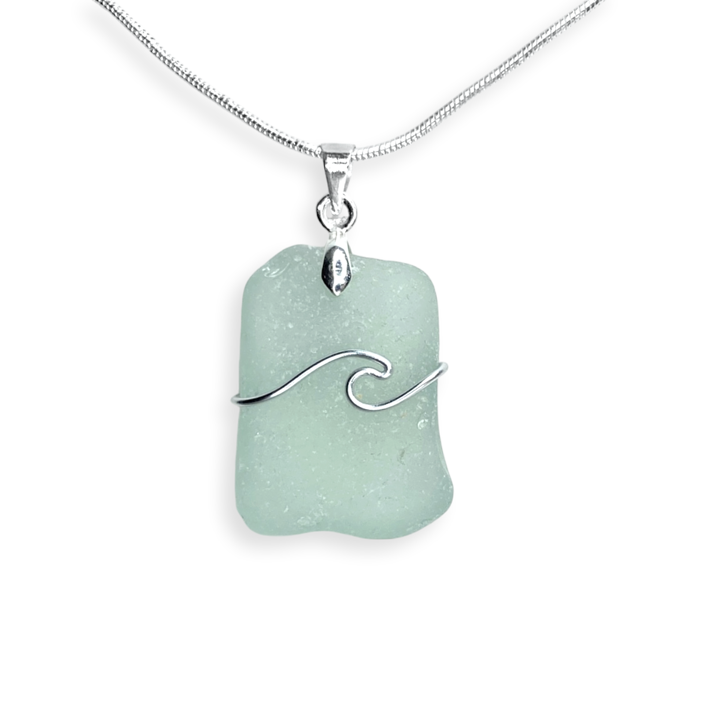 Sea Glass Pendant - Aqua Green Wave Wire Wrapped Necklace - Scottish Silver Jewellery