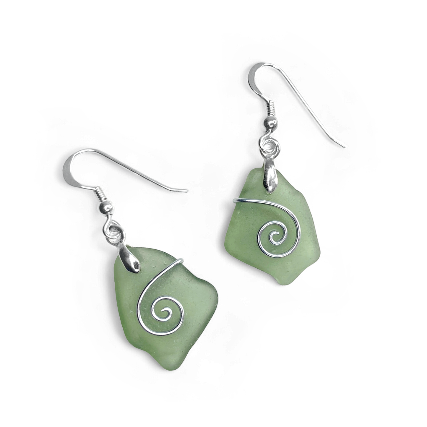 Sea Glass Earrings - Olive Green Celtic Silver Wire Wrapped Jewellery