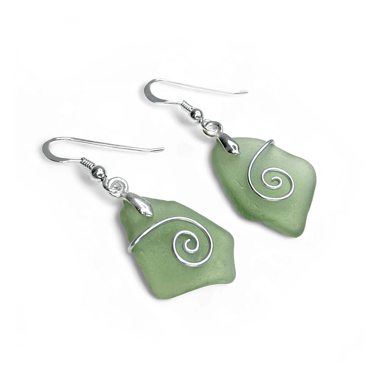 Sea Glass Earrings - Olive Green Celtic Silver Wire Wrapped Jewellery