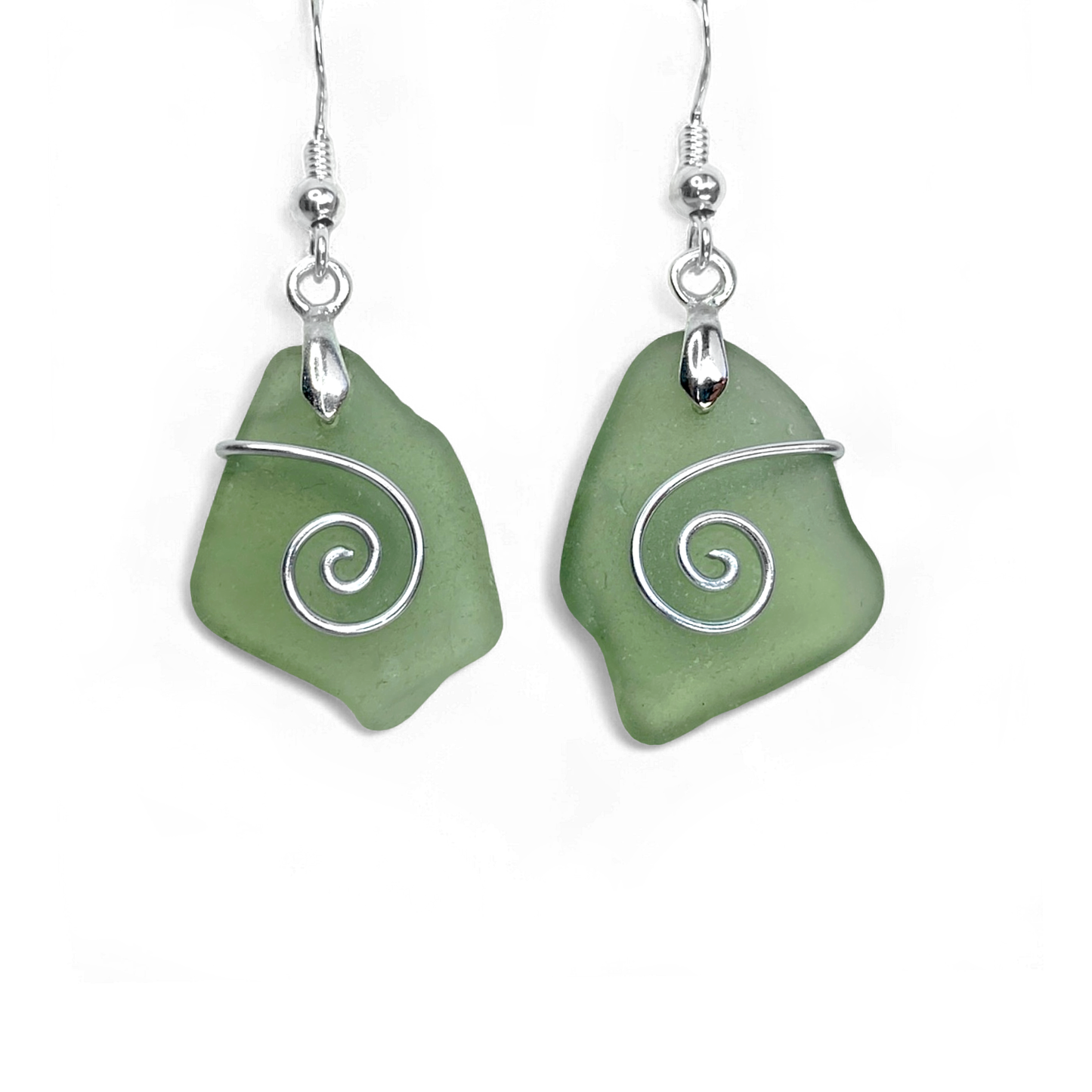 Sea Glass Earrings - Olive Green Celtic Silver Wire Wrapped Jewellery