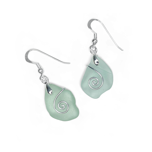 Sea Glass Earrings - Aqua Green Celtic Silver Wire Wrapped Jewellery