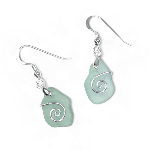 Sea Glass Earrings - Aqua Green Celtic Silver Wire Wrapped Jewellery