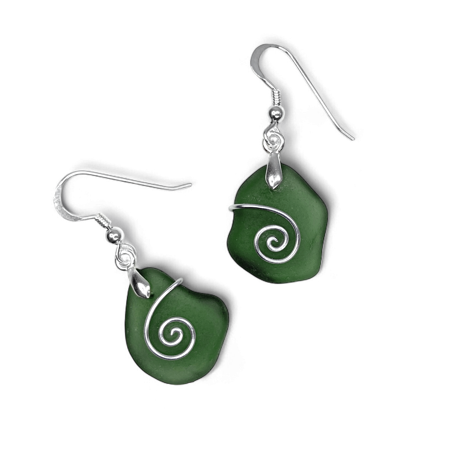 Sea Glass Earrings - Olive Green Celtic Silver Wire Wrapped Jewellery