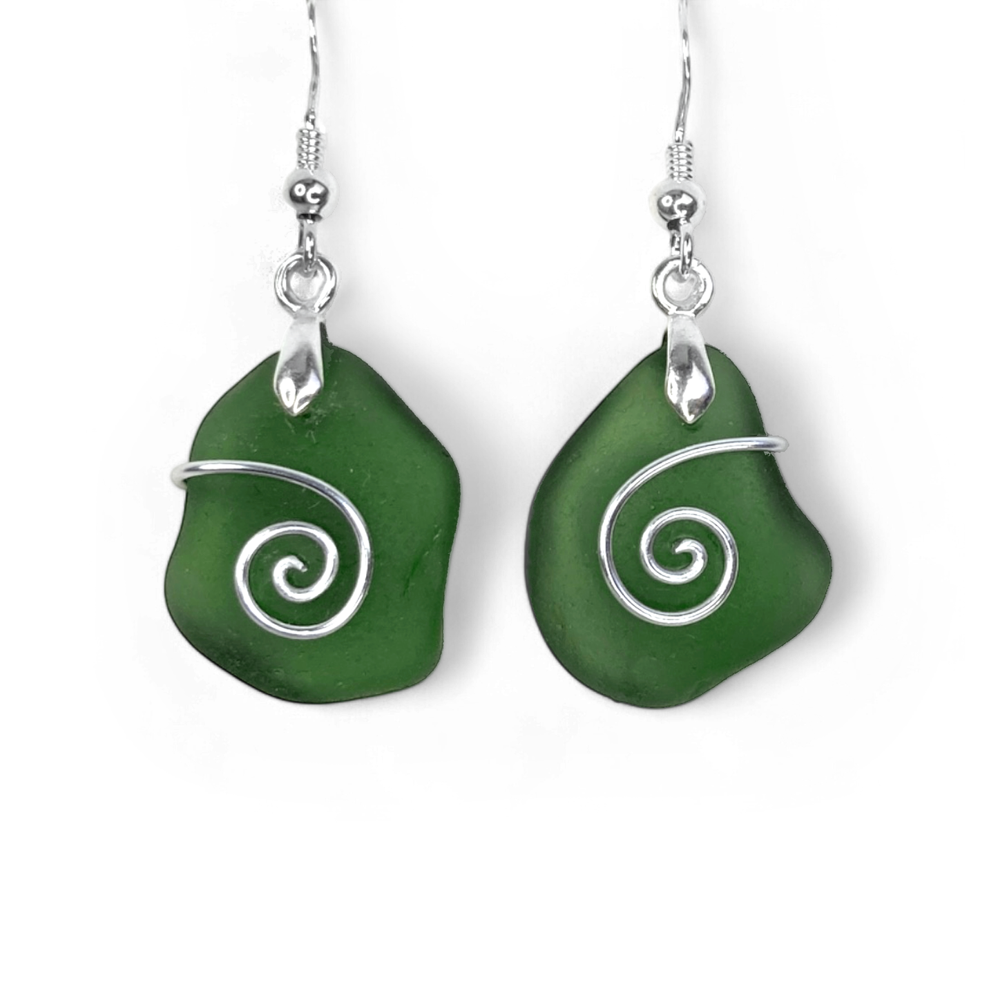 Sea Glass Earrings - Olive Green Celtic Silver Wire Wrapped Jewellery