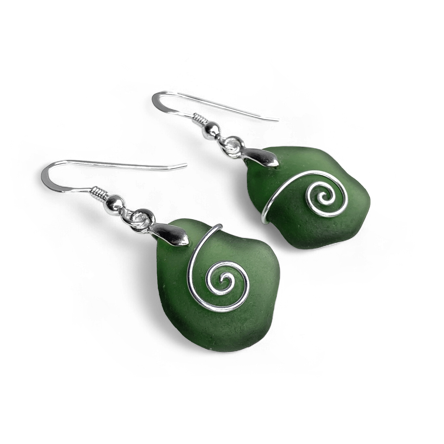 Sea Glass Earrings - Olive Green Celtic Silver Wire Wrapped Jewellery