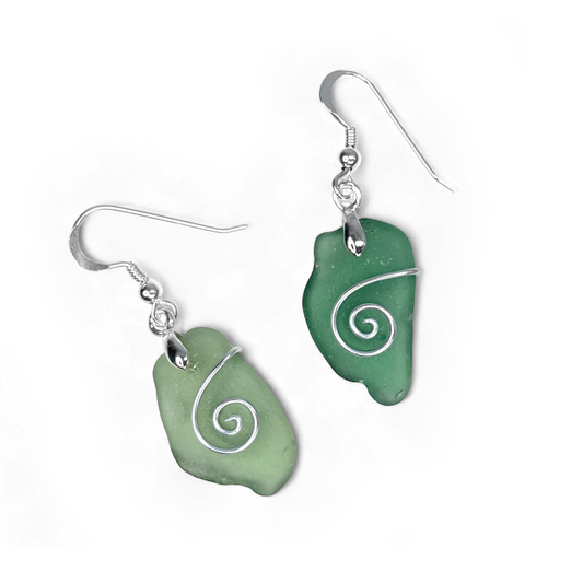 Sea Glass Earrings - Olive Green Celtic Silver Wire Wrapped Jewellery