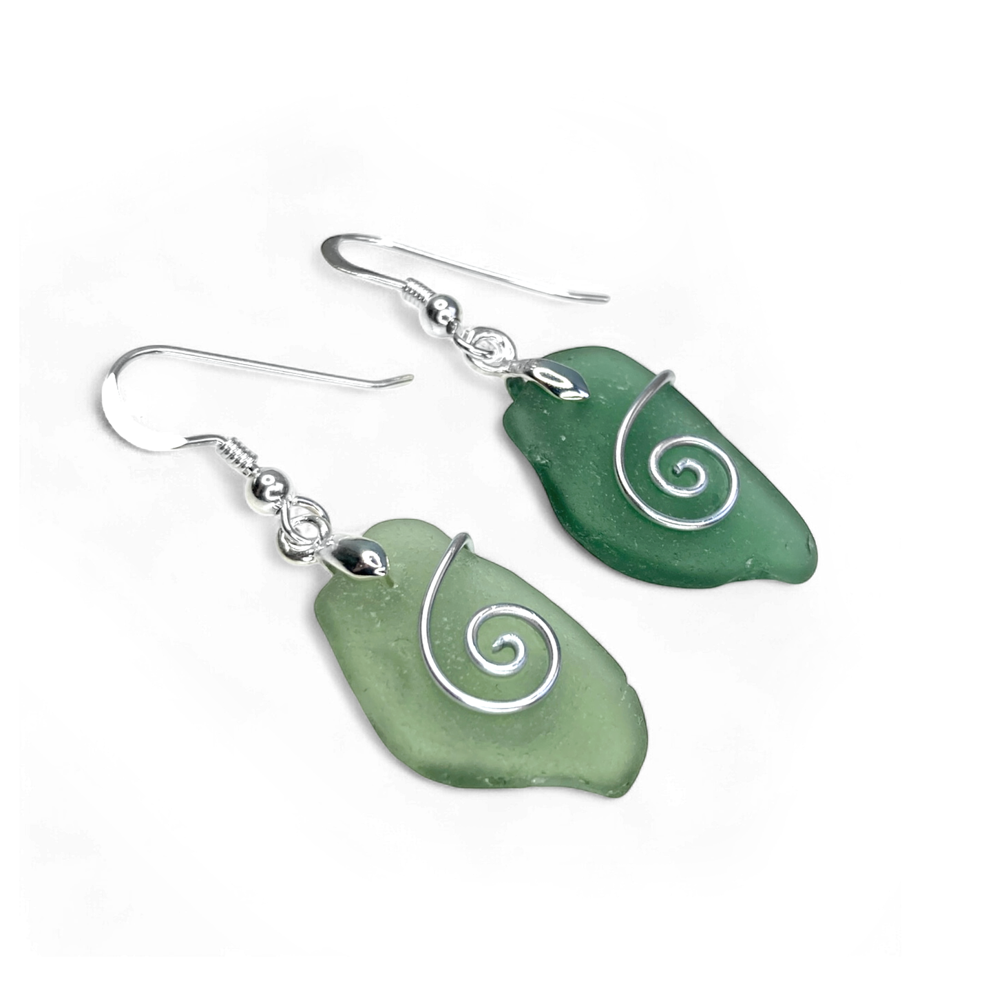 Sea Glass Earrings - Olive Green Celtic Silver Wire Wrapped Jewellery