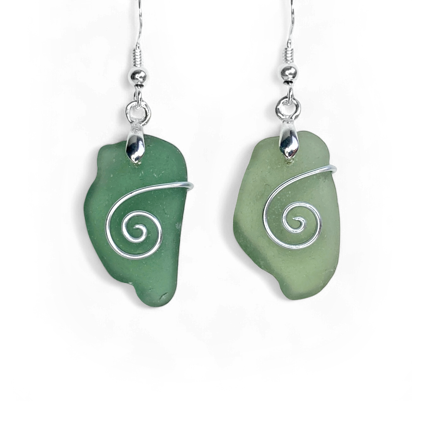 Sea Glass Earrings - Olive Green Celtic Silver Wire Wrapped Jewellery