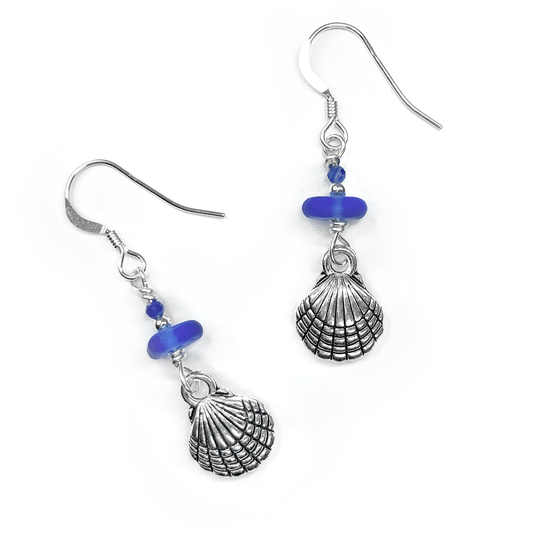 Clam Shell Earrings - Blue Sea Glass and Kyanite Sterling Silver Jewellery