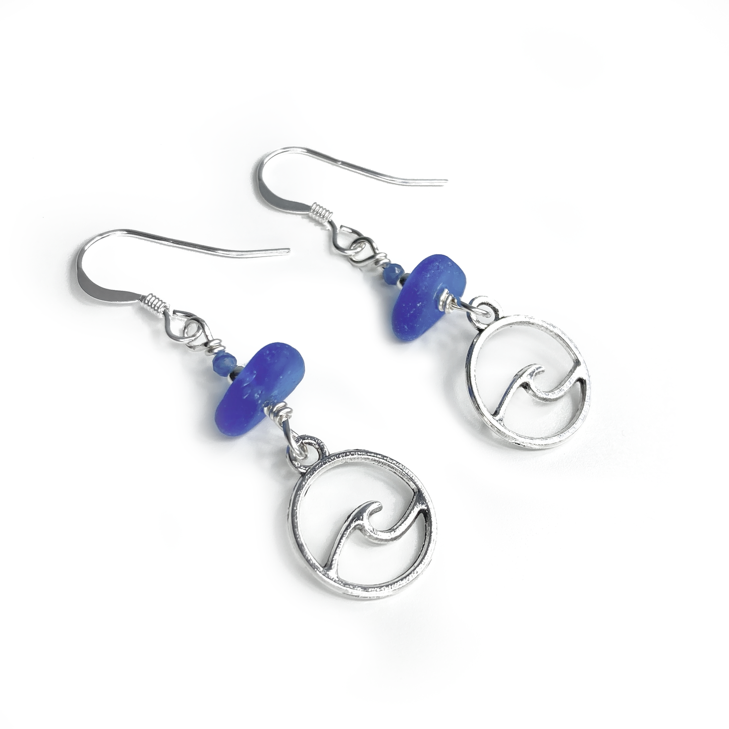 Wave Earrings - Blue Sea Glass and Kyanite Sterling Silver Jewellery