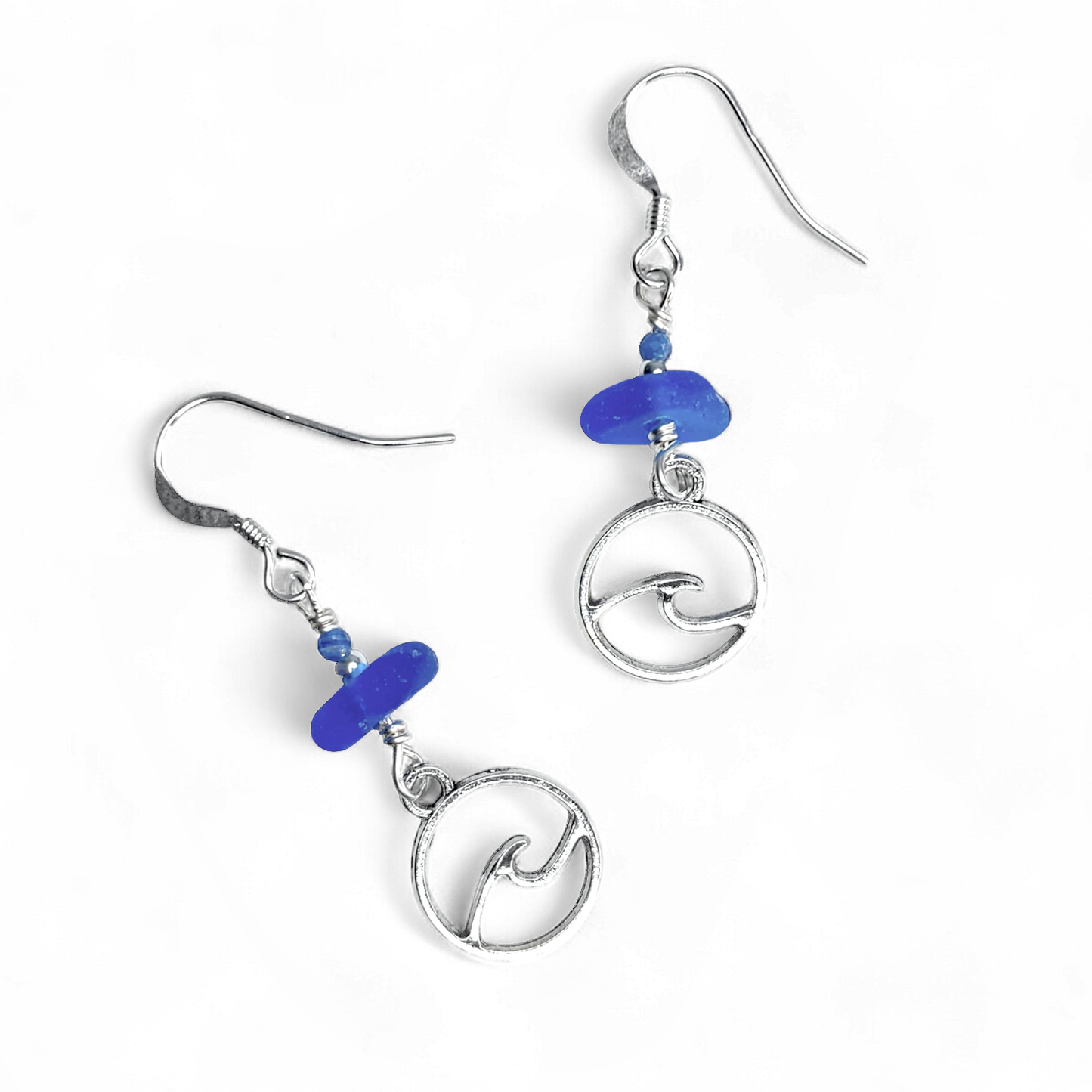 Wave Earrings - Blue Sea Glass and Kyanite Sterling Silver Jewellery