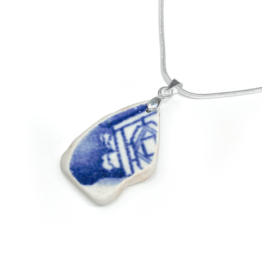 Sea Pottery Pendant - Antique Beach China - Blue & White Pattern Necklace