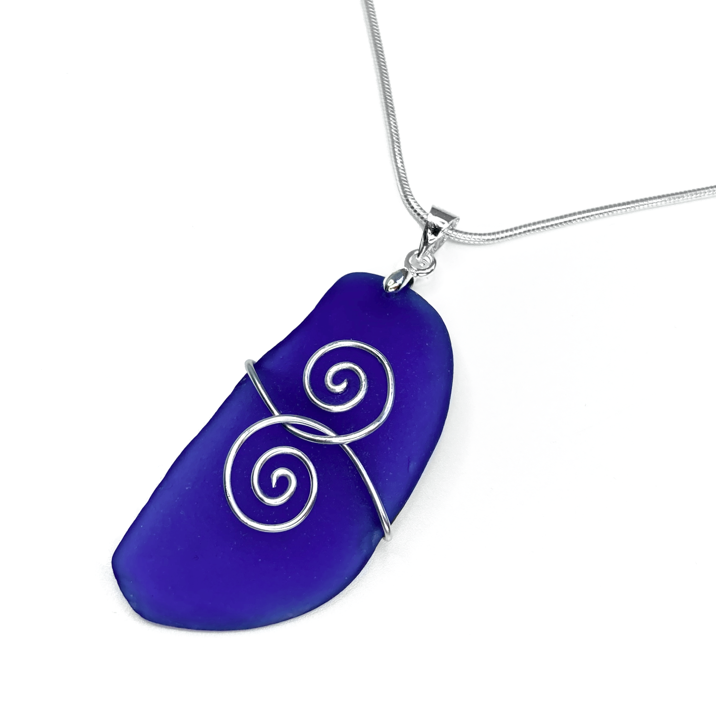 Sea Glass Pendant - Dark Blue 'Friendship' Interlocking Spirals Necklace - Silver Scottish Beach Jewellery