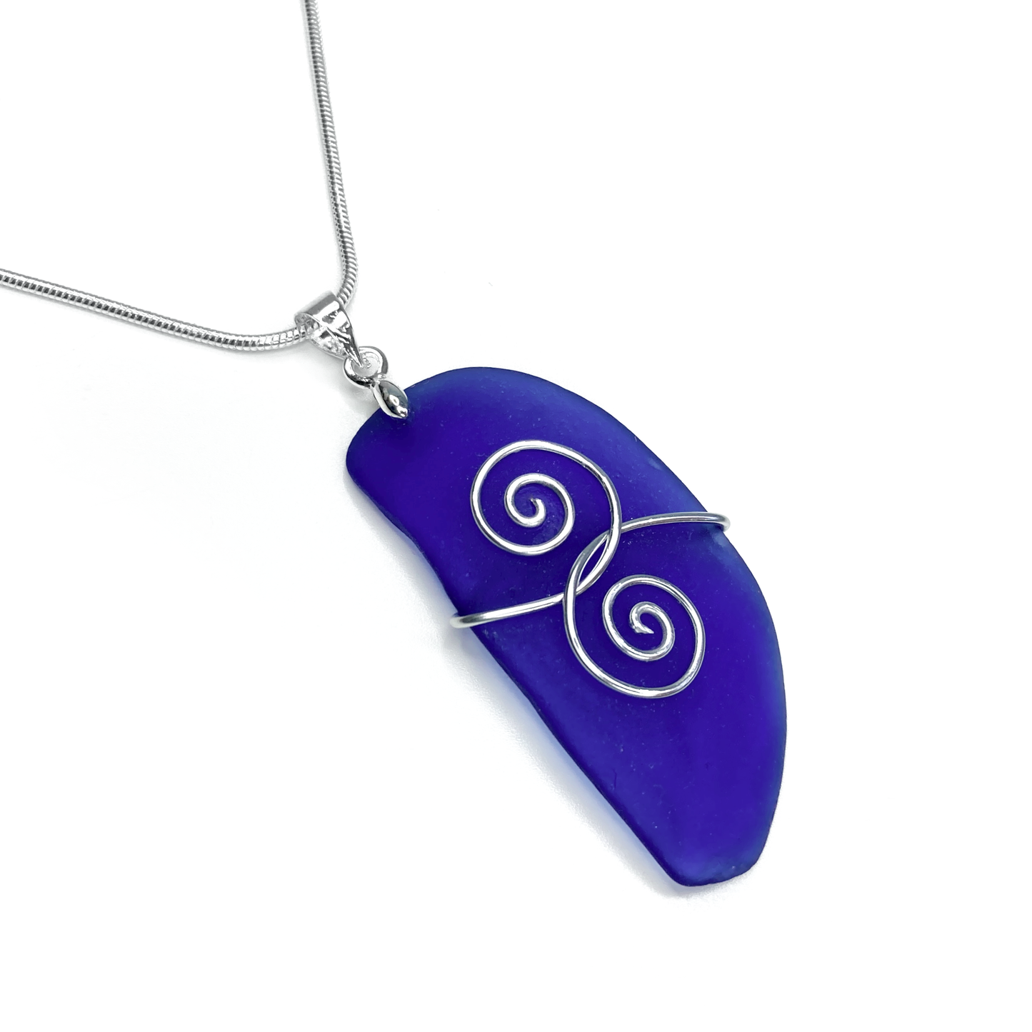 Sea Glass Pendant - Dark Blue 'Friendship' Interlocking Spirals Necklace - Silver Scottish Beach Jewellery