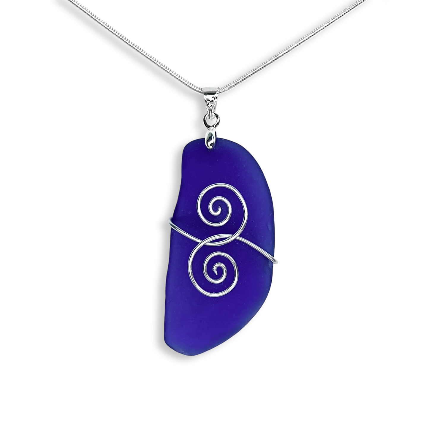 Sea Glass Pendant - Dark Blue 'Friendship' Interlocking Spirals Necklace - Silver Scottish Beach Jewellery