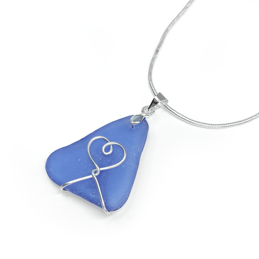 Sea Glass Pendant - Pale Blue Heart Wire Wrapped Necklace - Scottish Silver Jewellery