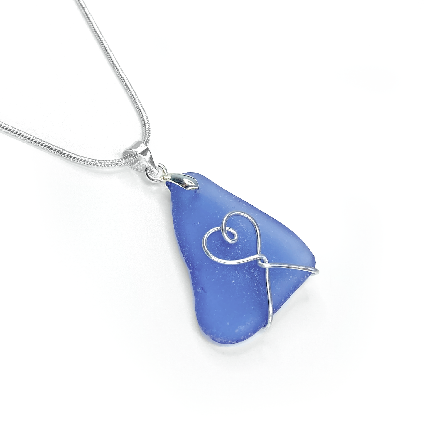 Sea Glass Pendant - Pale Blue Heart Wire Wrapped Necklace - Scottish Silver Jewellery