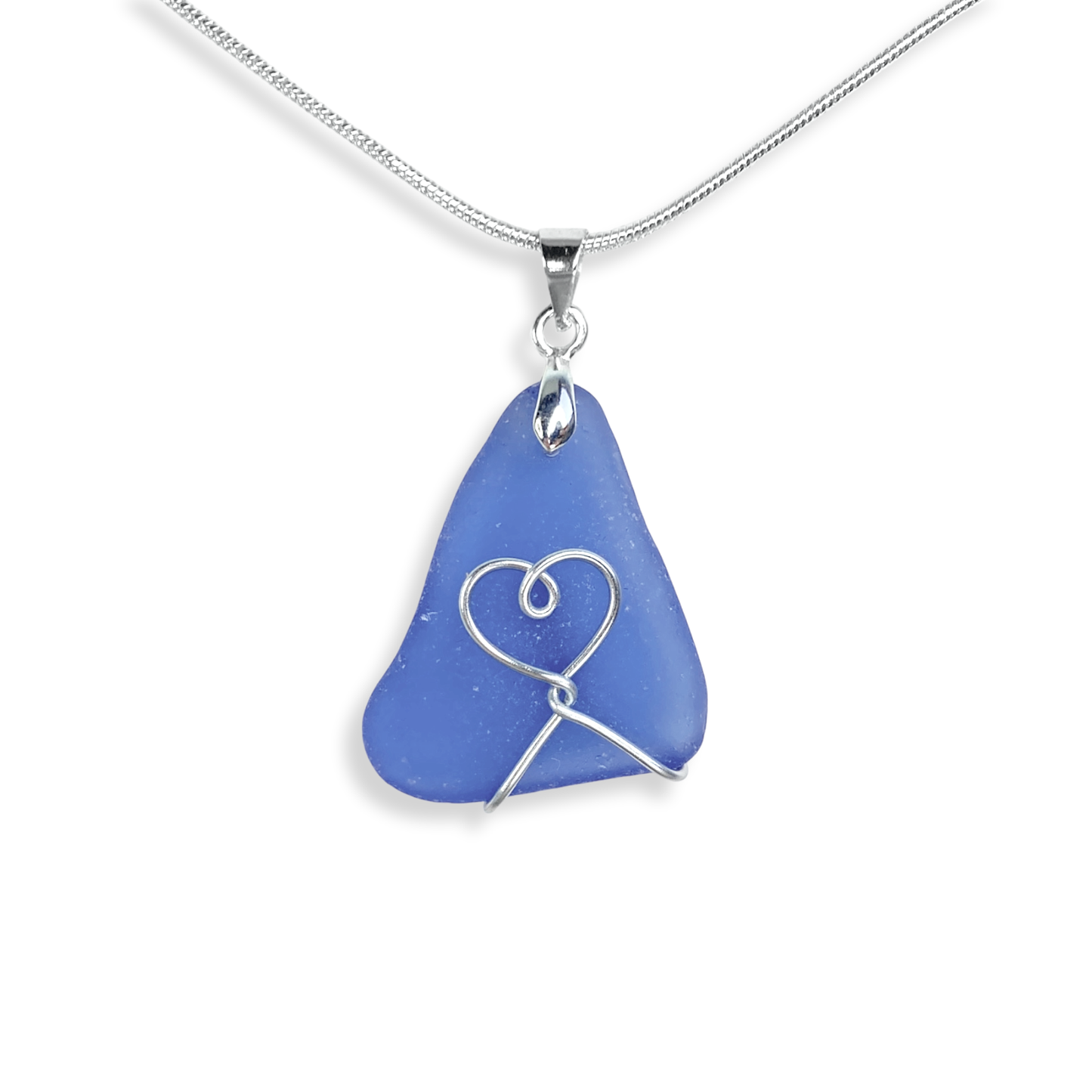 Sea Glass Pendant - Pale Blue Heart Wire Wrapped Necklace - Scottish Silver Jewellery