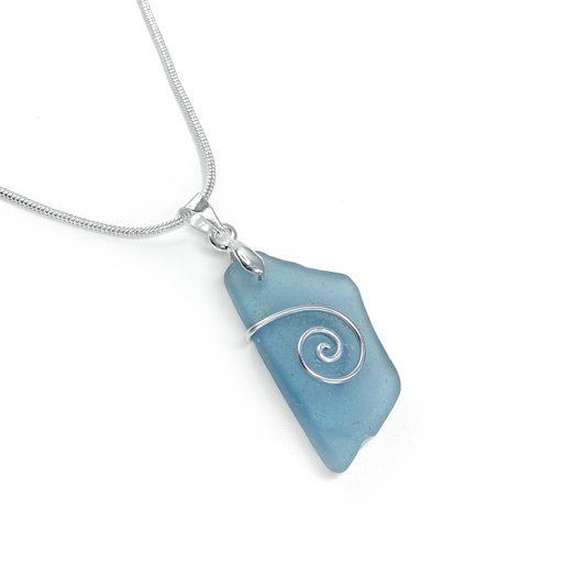 Sea Glass Pendant - Pale Blue Celtic Wire Wrapped Necklace - Scottish Silver Jewellery